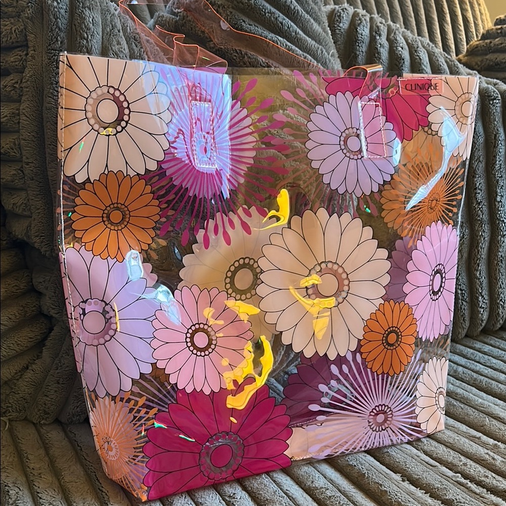 Clinique Beauty in Bloom Multicolor Floral Transparent Tote Bag NWOT 🌺 🌼 - Picture 1 of 9